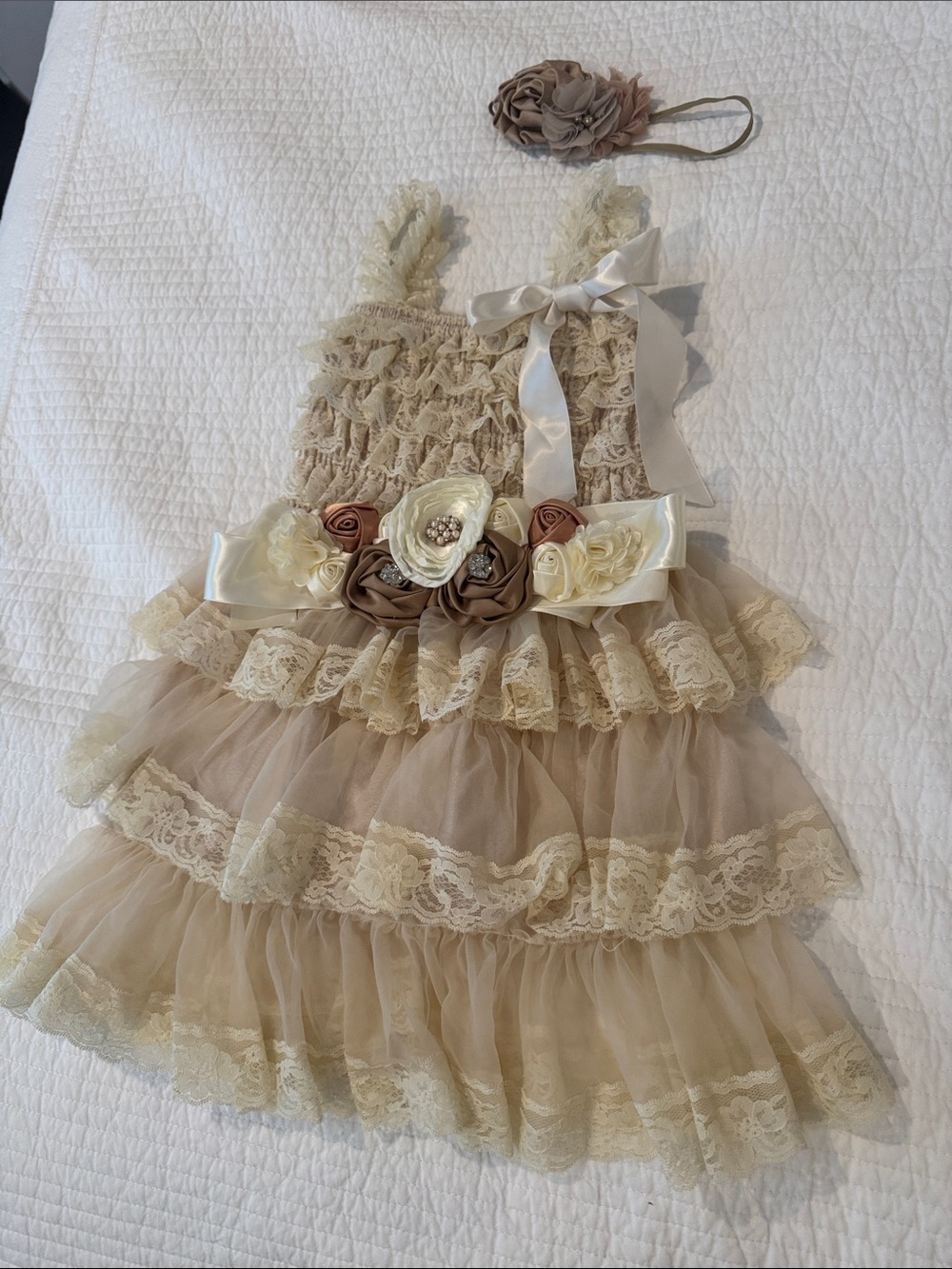 Ivory and Taupe Lace Ruffle Flower Dress with matching Belt and Headpiece